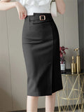 Nukty Spring Summer Buttons Women's Wrap Midi Skirts New High Waist Workwear Front Split Sheath Pencil Skirts Female