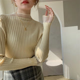 Nukty Spring Half Turtleneck Knitted Women's Sweaters New Mesh Patchwork Long Sleeve Bottoming Sweater Female Slim Tops