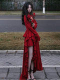 Nukty Autumn Red Vintage Elegant Dress Women Flare Sleeve Designer Sweet Long Dress Female Ruffles Retro Princess Irregular Dress