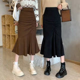 Nukty Fashion High Waist Midi Skirts for Women Spring Slim Fit  Hip Mermaid Skirt Woman Korean Ruffles Brown Skirts 2XL