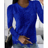 Nukty Women Lace Hollow T Shirt Top Fashion Round Neck Long Sleeve Office Lady Blouses Casual Vintage High Street Boho Tops All Season