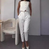 Nukty Vest Tops Two Piece Sets Women Pants Set Round Neck Sleeveless White Button High Waist Wide Leg Long Pants Slim Fit Elegant