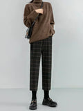 Nukty New Autumn Winter Woolen Plaid Women Formal Straight Pants High Waist Ankle-Length Chic Loose Ladies Pants Pocket