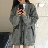 Nukty Autumn Winter Women Cardigan Sweater Coats Fashion Female Long Sleeve V-neck Loose Knitted Jackets Casual Sweater Cardigans