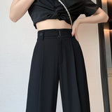 Nukty Summer Women's Casual Pants Wide Leg Pants Elegant Office Lady New Solid Color High Waist Loose Trousers Female