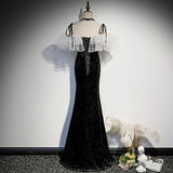 Nukty Sparkling Black Satin Mermaid Evening Dress with Spaghetti Strap Organza Ruffled Slim Fitting Sexy Leg Split Prom Gown