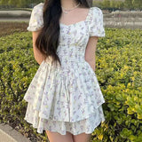 Nukty 2024 Summer Puff Sleeve Cake Dress Women Korean Fashion V Neck Print Mini Dress Woman Slim Waist Ruffles Hem Dresses Female