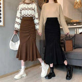 Nukty Fashion High Waist Midi Skirts for Women Spring Slim Fit  Hip Mermaid Skirt Woman Korean Ruffles Brown Skirts 2XL