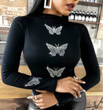 Nukty New Womens Casual T-shirt Femme Fashion Butterfly Pattern Studded Long Sleeve Tops  Shirt XS-5XL