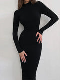 Nukty Knitted Turtleneck Dress Women Autumn Winter Long Sleeve Bodycon Midi Dresses Female Elegant Fashion Solid Color Skinny Dress