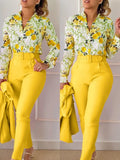 Nukty business casual outfits Women's Shirt 2 Pieces Suit Set 2024 Fall Print V Neck Long Sleeve Top Casual High Waist Pockets Work Female Clothes Pants Set