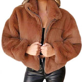 Nukty Rabbit Fur Imitation Fur Zipper Plush Warm Jacket Long Sleeve Short Coat Winter Women Crop Top Casual Solid New In Outwear Pink