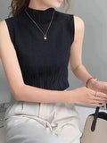 Nukty Women Summer Casual Knitted Tank Tops Solid Sleeveless Half High Collar Slim Base Shirt Sexy Top Knitwear Y2k High Street