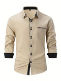 Nukty Men's Shirt Business Casual Comfortable Cotton Lapel Color Matching Pocket Holiday Long Sleeve Top