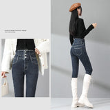 Nukty Winter New Fleece High Waist Jeans for Women Classic Black Stretch Thickened Warm Slim Plush Velvet Pencil Denim Trousers