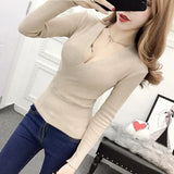 Nukty Sexy Deep V Neck Sweater Women New Womens Clothing Slim Bottoming Large Elastic Knitwear Rib Cotton Long Sleeve Top Jerseys