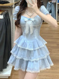 Nukty 2024 Summer Sweet Kawaii Blue Plaid Dress Woman Lolita Lace Y2k Mini Dress Short Party Elegant One Piece Dress Korean Fashion