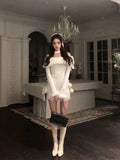 Nukty Christmas New Years Bodycon Knitted Mini Dress Women Casual Long Sleeve Sweet Elegant Even Party One Piece Dress Korean Fur