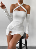 Nukty Sexy Cross Neck Hanging Bodycon Mini Dress Women's Off Shoulder Long Sleeve Hollow Out Back Pleated Wrapped Hip Skirt