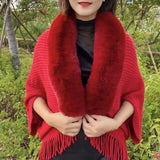 Nukty Women Winter Shawl Imitation Rabbit Fur Collar Sweater Solid Color Cardigan Knitted Wool Shawl Sweater Top Elegant Banquet Shawl