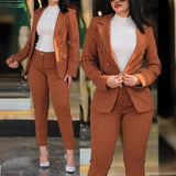 Nukty business casual outfits 2pcs Women Office Clothing Set Long Sleeve Blazer Jacket & High Waist Pencil Pants Solid Color