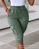 Nukty Cargo Pants Women Capris Solid Casual Regular Slim Fit Elastic Waist Lace Up Calf Length Pant Elegant Splice Sheath Trousers