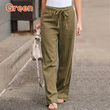 Nukty Women Cotton Linen Casual Pants Summer Fashion Drawstring Elastic Waist Loose Straight Pants Female Solid Ankle-Length Trousers