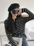 Nukty Women T-shirts Elegant Stripes Knitted Tees Buttoned Up Long Sleeve Slim Women Knitted T-shirts Autumn Winter