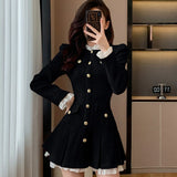 Nukty New Women's Tweed Pleated Mini Dress Autumn Long Sleeve Korean Style Single Breasted Ruffle Fashion Office Lady Vintage Dresses