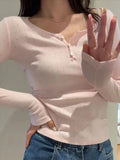 Nukty Hollow Out Pink Long Sleeve T-Shirt Summer Round Neck Buttons Cotton Slim Sexy Top for Woman Vintage Sweet Cute y2k Tops Chic