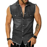 Nukty Lapel Sleeveless Vest Jacket Single-breasted Flap Pockets Tassel Men Summer Solid Color Denim Shirt Streetwear Show  Body Muscle