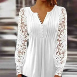 Nukty New Fashion V Neck Floral Women's Shirts with Lace Long Sleeve White Women Blouse Elegant Woman Tops Office Lady Clothes