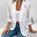 Nukty cute professional outfits Summer White Lace Hollow Out Women's Coat Solid Open Stitch Blazers Outdoor Business Jackets Lightweight Office Ladies Coats