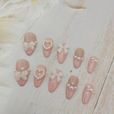 Nukty Handmade Custom Made False Nail Art With Pearls And Nows Wearable Nail Pink Almond Style Section Patch Removable Girl Fake Nail