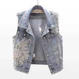 Lace Beaded Denim Vest Women Cardigan 2024 New Spring  Sleeveless Jacket Fashion Loose Vintage Jeans Waistcoat Tide