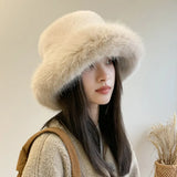 Nukty Winter Hat for Women Faux Fur Fluffy Bucket Hat for Women Luxury Plush Hat Thicken Snow Oversized Fur Bucket Hat Soft Panama Cap