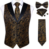 Nukty Brand Suit Vest Set For Men Luxury Silk Black Gold Paisley Dress Vest Tie Cufflinks Handkerchief Set Male Sleeveless Waistcoat