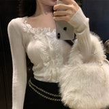 Nukty Sexy Slim Lace Cardigan Women Hot Solid Knitted Slash Neck Autumn Winter Spliced Long Sleeve Stretchy Chic Ulzzang Female Mujer