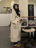 Nukty Winter Fleece Jacket Women Korean Fashion Lamb Wool Long Coat Female Vintage Casual Long Sleeve Horn Button Hooded Outerwear