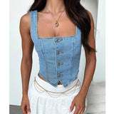 Nukty Women Fashion y2k Denim Vest Sleeveless Boat Neck Button Down Crop Jean Tank Top Slim Backless Smocking Aesthetic Vest