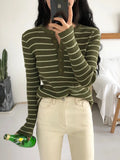 Nukty Women T-shirts Elegant Stripes Knitted Tees Buttoned Up Long Sleeve Slim Women Knitted T-shirts Autumn Winter