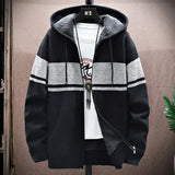 Nukty WINTER OUTFITS Autumn Korean Hooded Men's Sweater with Thick and Velvet Men Cardigan Knitted Sweater Coat Stripe Jacket Male M-4XL