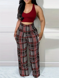 Nukty Women's Plaid Wide Leg Pants High Waist Casual Loose Trousers for Spring Summer