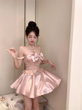 Nukty Summer Pink Kawaii Floral Dress Women Patchwork Designer Y2K Party Mini Dress Female Korean Fashion Sexy Elegant Dress
