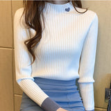 Nukty Women Embroidered Mock Neck Sweater Patchwork Long Sleeve Slim Bottoming Knit Jumper Casual Sweater For Women Fall Winter