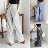 Nukty business casual outfits Women's Striped Cotton Linen Wide-leg Pants Fashion Pockets High-waisted Retro Trousers Casual Streetwear Elegant Office Clothes