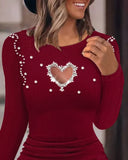 Nukty Autumn Winter Spring New Fashion Casual Sexy Dresses for Women Elegant Hollow Heart Beaded Ribbed Bodycon Dress