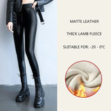 Nukty Autumn Winter Velvet Thick Warm Leather Pants Women Elastic PU High Waist Leggings Black Casual Slimming Fleece Trousers