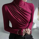 Nukty High Neck Slim Folded T-Shirt & Blouses Trend New Basic Autumn Solid Elegant Office Lady Casual All-Match Long Sleeve Top