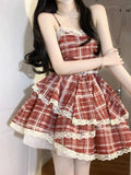 Nukty Kawaii Countryside Style Lace Ruffles Princess Dresses Women Sweet Lolita Plaid Harajuku Fashion Evening Party Mini Dress Summer